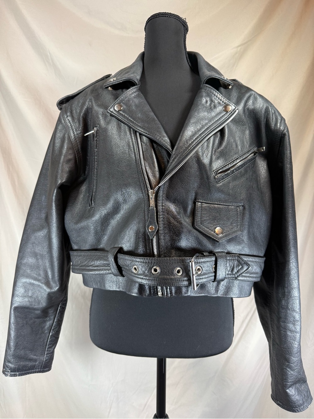 Vintage 1980s Protech Leather Cropped Motorcycle Jacket with Belt Size 14